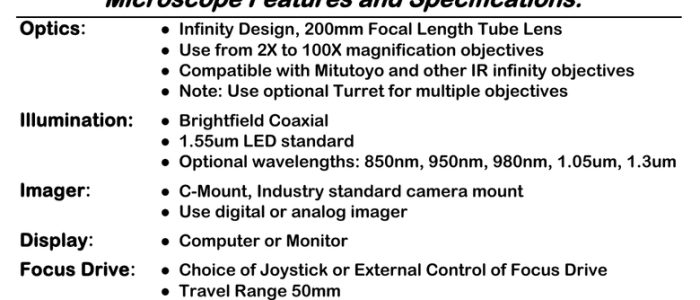 Santa Barbara Imaging infrared microscope specifications sheet Santa Barbara Imaging infrared microscope specifications sheet